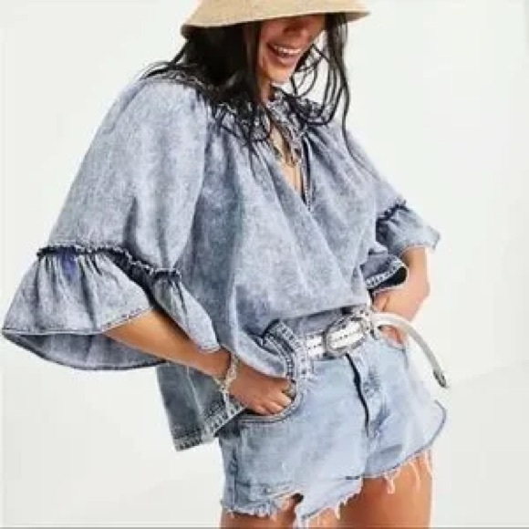 Free People Tops - Free People Indigo Wash Ruffle Denim Bell Sleeve Top, Size Small